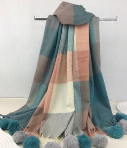 Super Soft Check Multi Colour Pom Pom Scarf