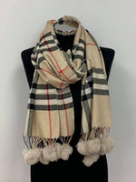 Check Soft Winter Scarf With Faux Fur Pom Poms