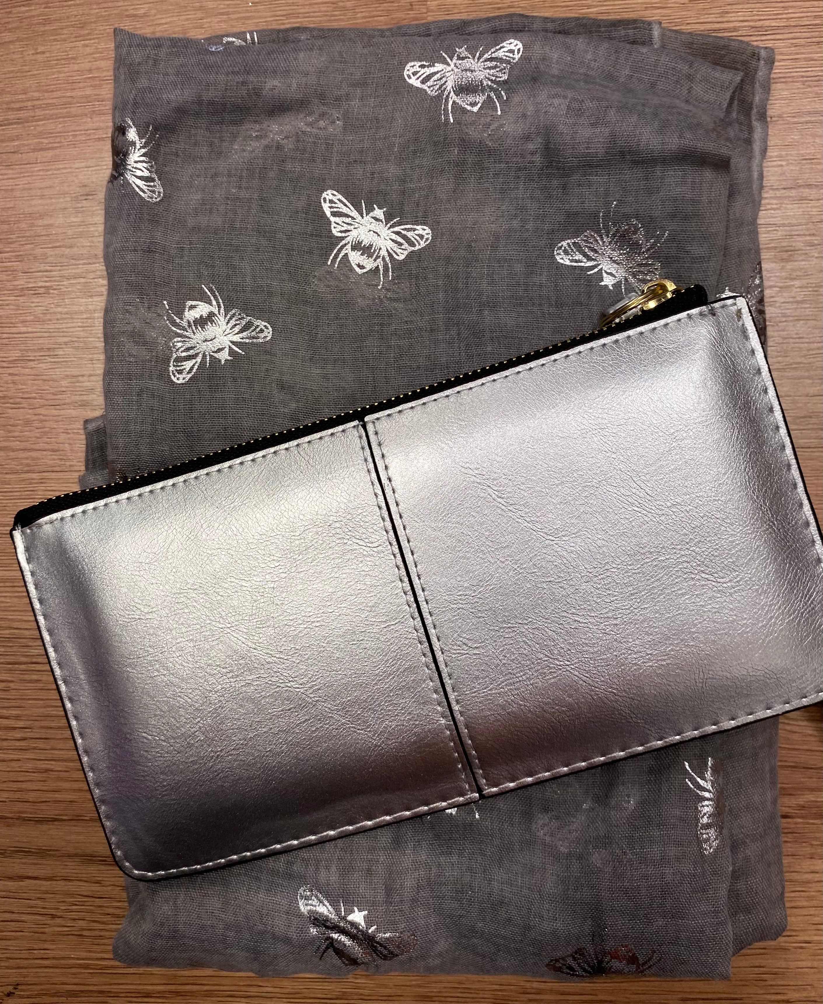 Silver Bracelet Purse with Grey Silver Foil Bee Scarf Gift Set