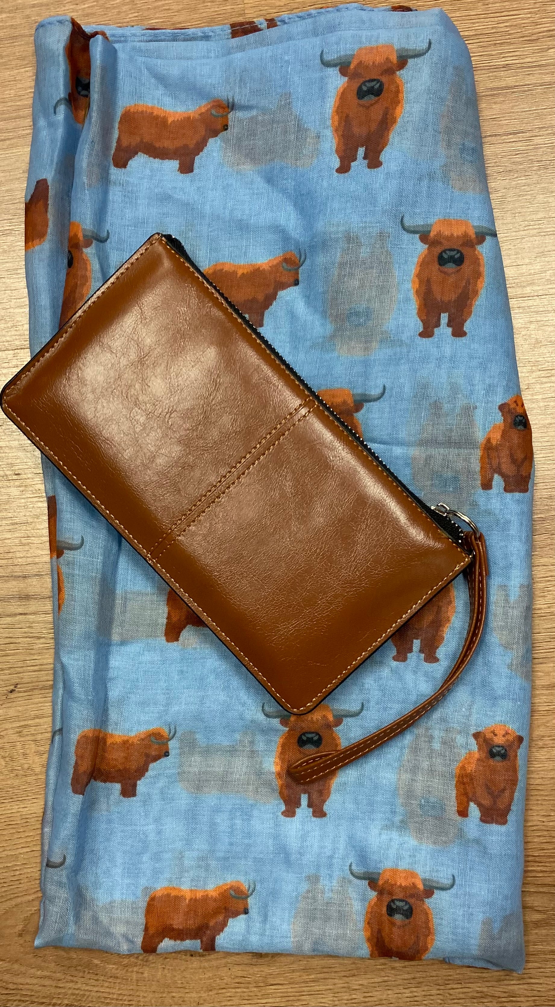 Brown Bracelet Purse and Blue Highland Cow Scarf Gift Set