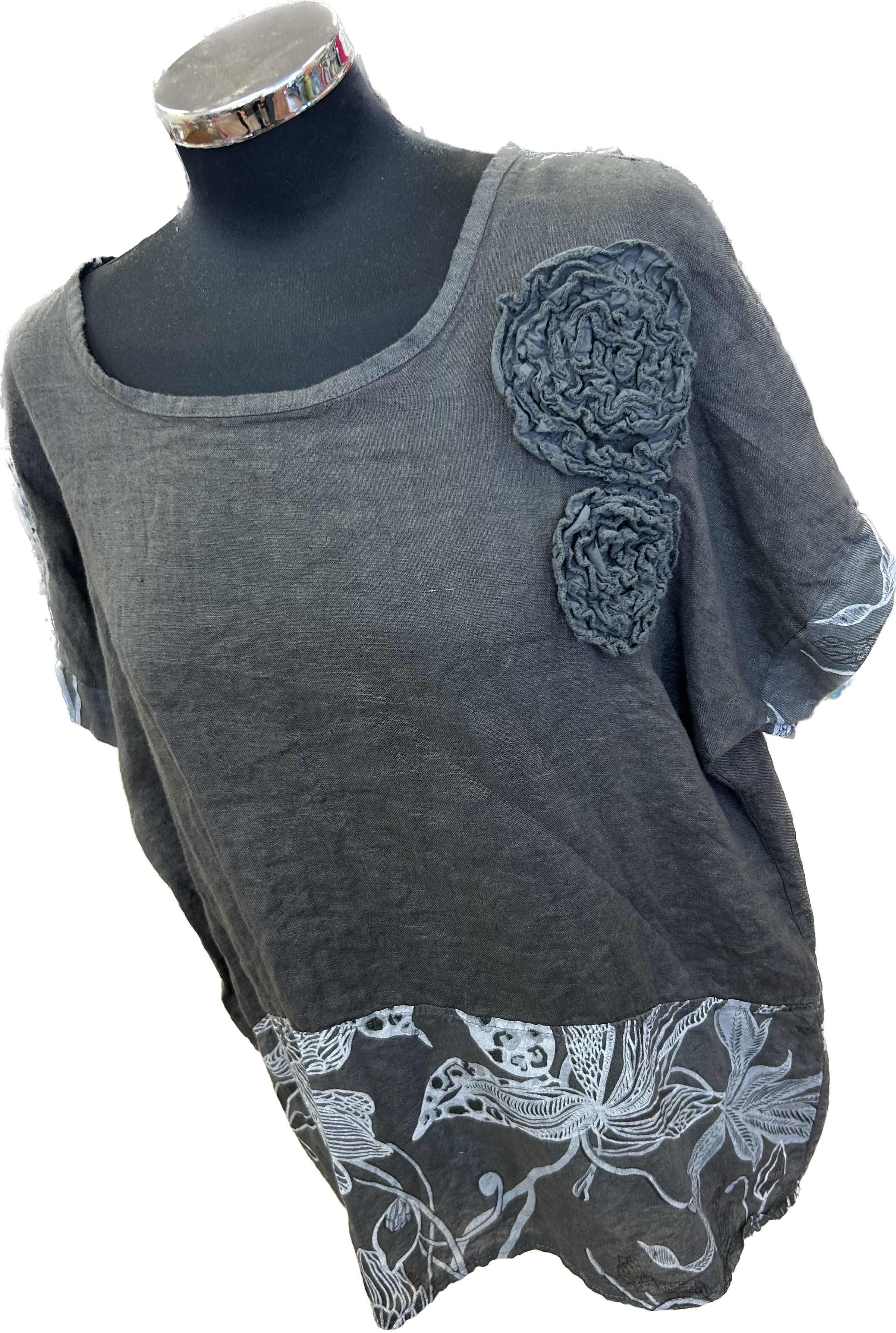 Grey Linen Top with Flower Detail (12-16)