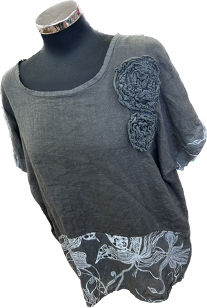 Grey Linen Top with Flower Detail (12-16)
