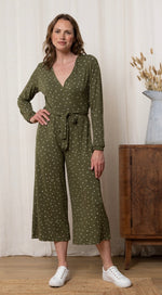 Riley Ditsy Print Wide Leg Jumpsuit - Olive Green