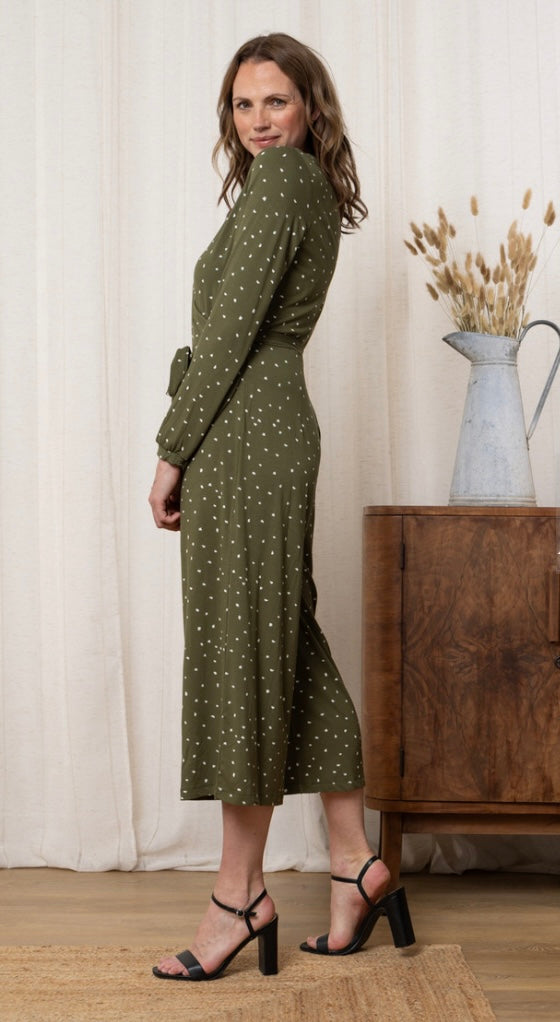 Riley Ditsy Print Wide Leg Jumpsuit - Olive Green