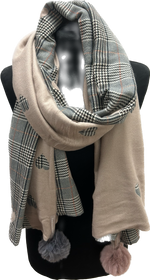 Cashmere Mix Super Soft Check & Heart Pom Pom Scarf