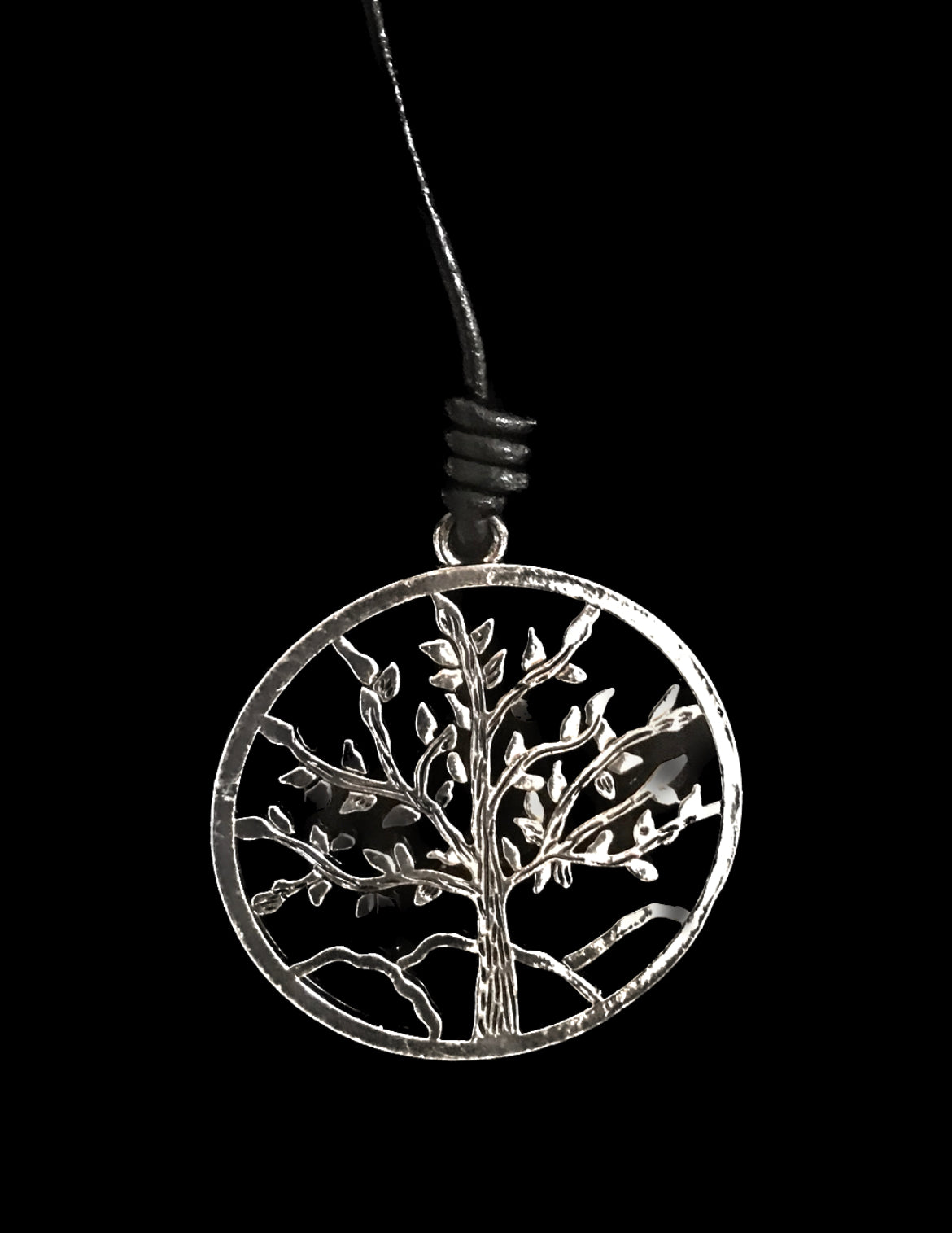 Long Black Leather Look Chunky Tree of Life Necklace