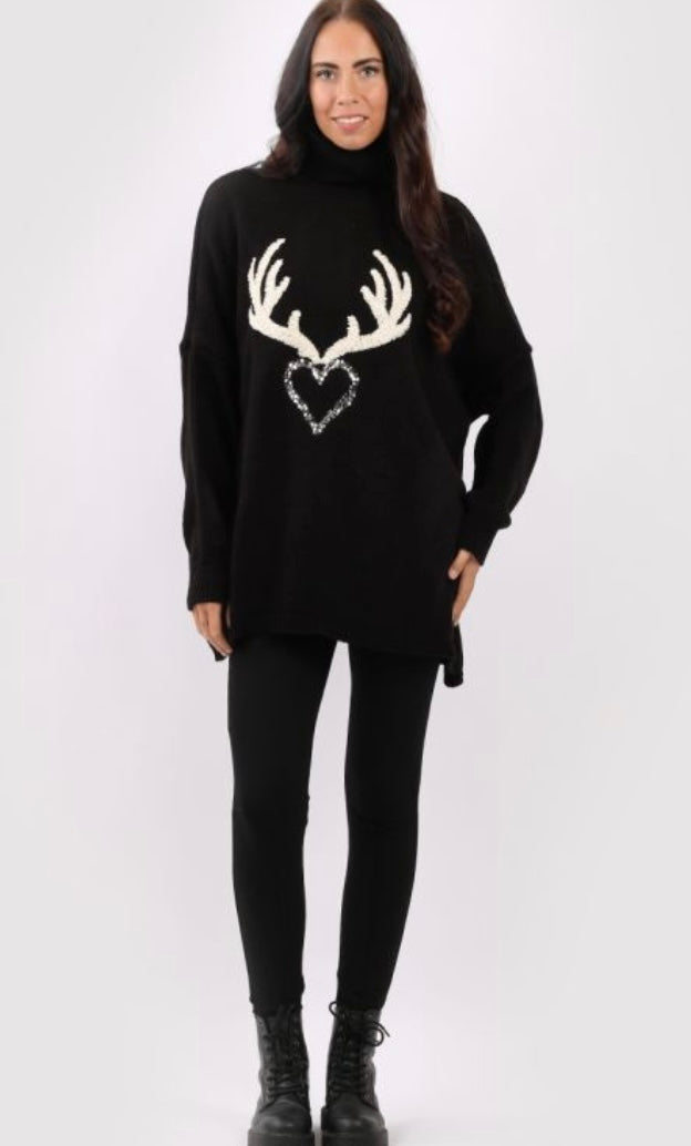 Reindeer Sequin Heart Wool Mix Oversized Christmas Jumper