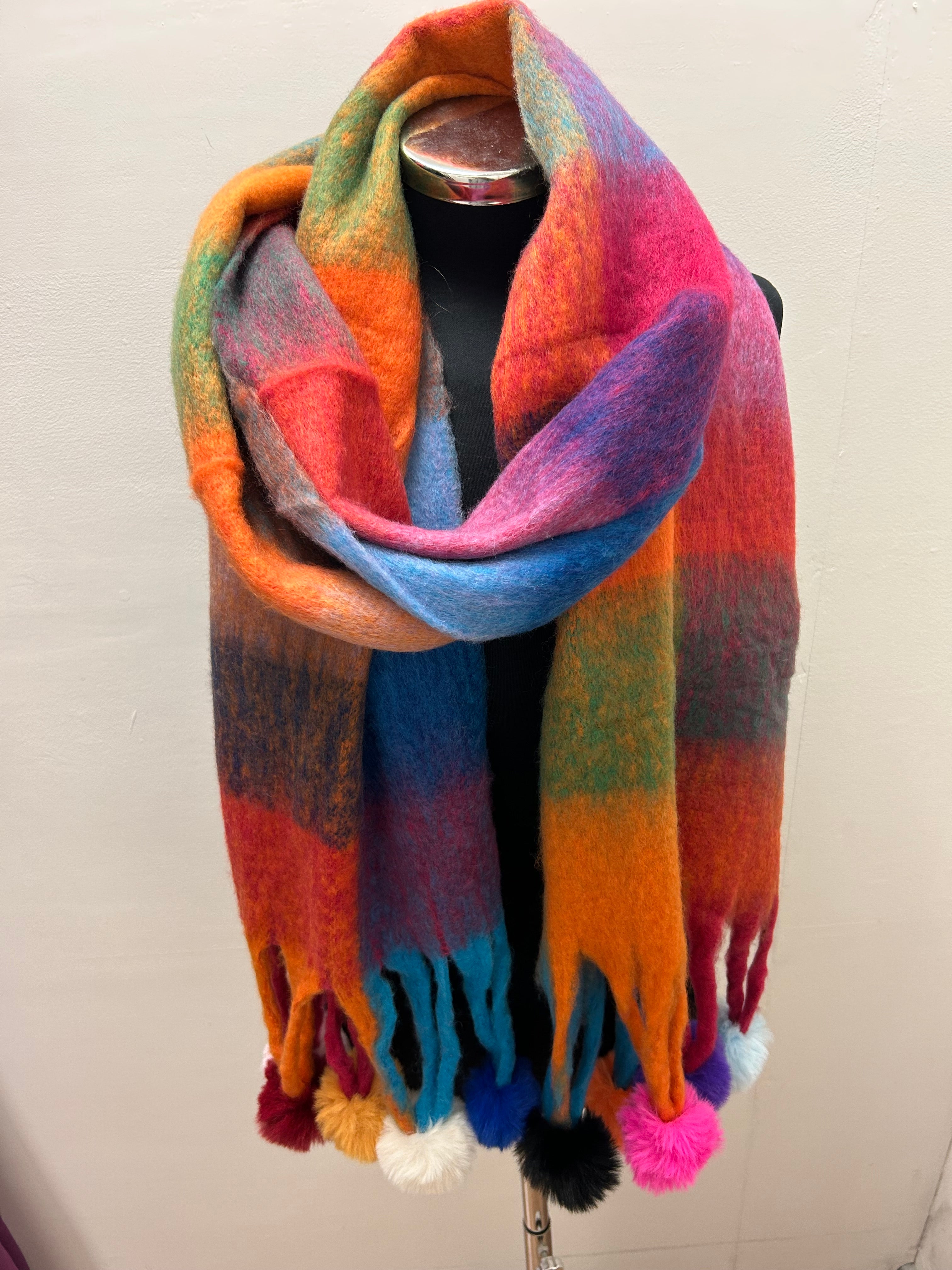 Bold Check Chunky Scarf with Pom Poms