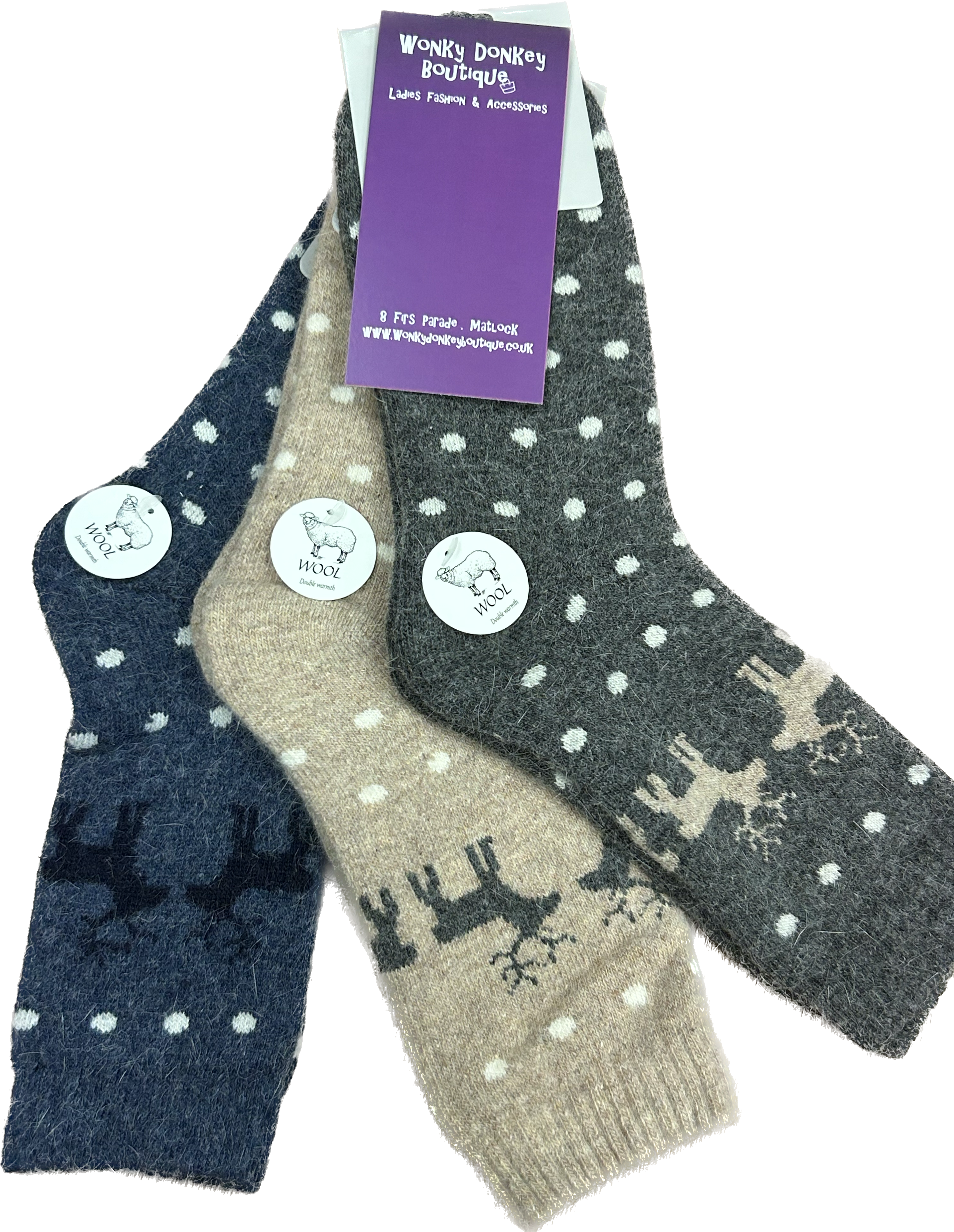 Set of 3 Pairs of Reindeer & Polka Dot Wool Mix Socks
