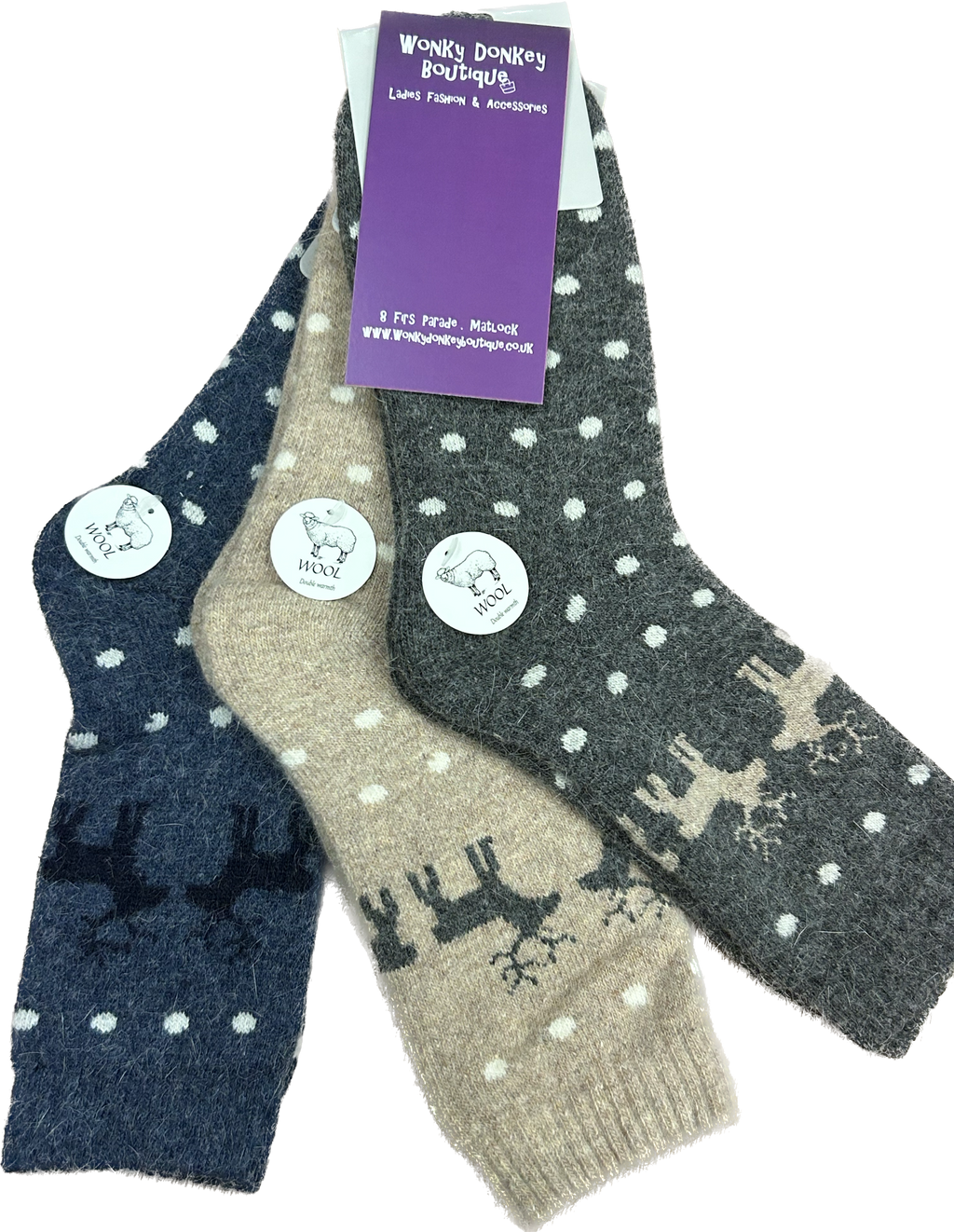 Set of 3 Pairs of Reindeer & Polka Dot Wool Mix Socks