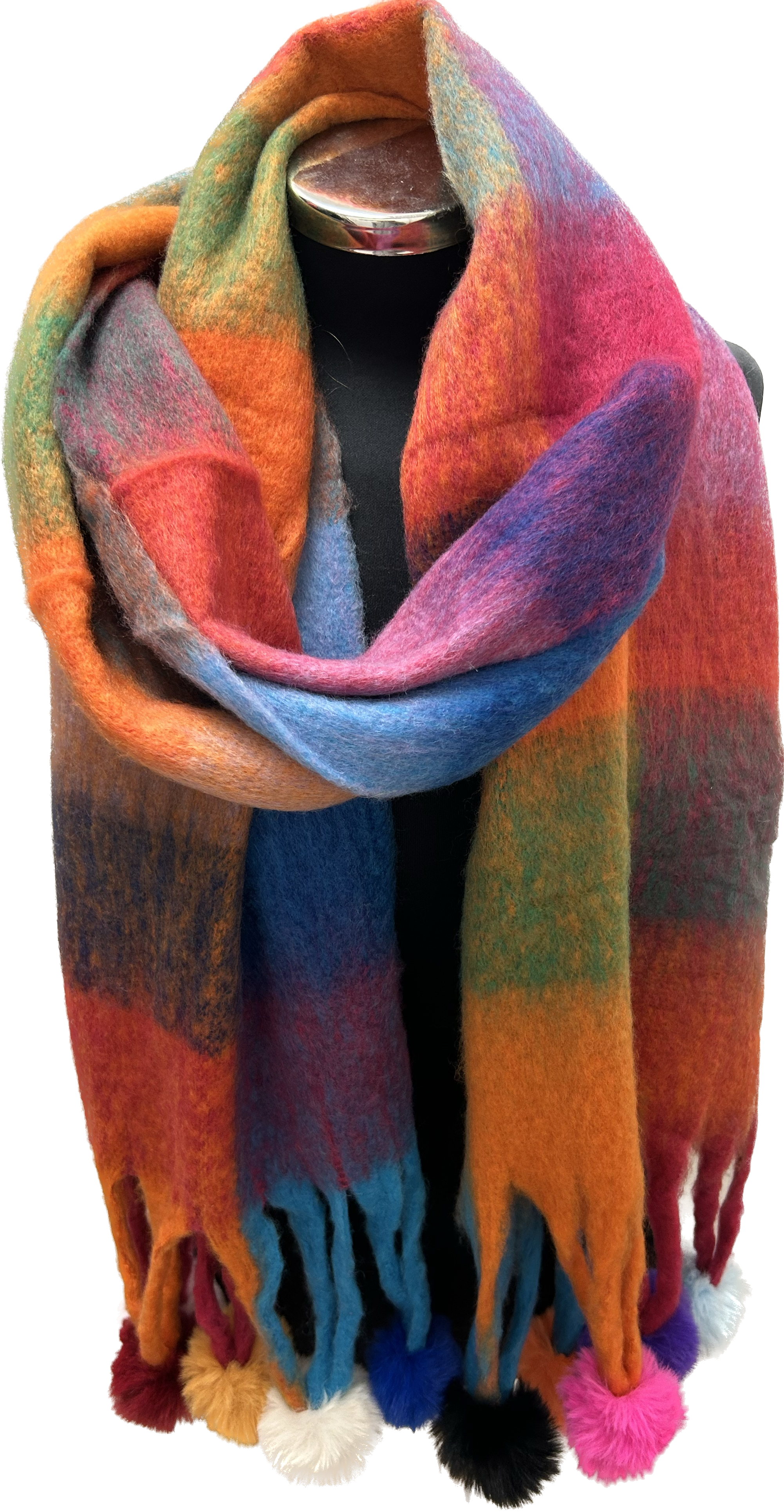 Bold Check Chunky Scarf with Pom Poms