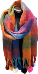 Bold Check Chunky Scarf with Pom Poms