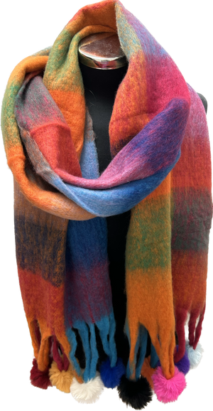 Bold Check Chunky Scarf with Pom Poms