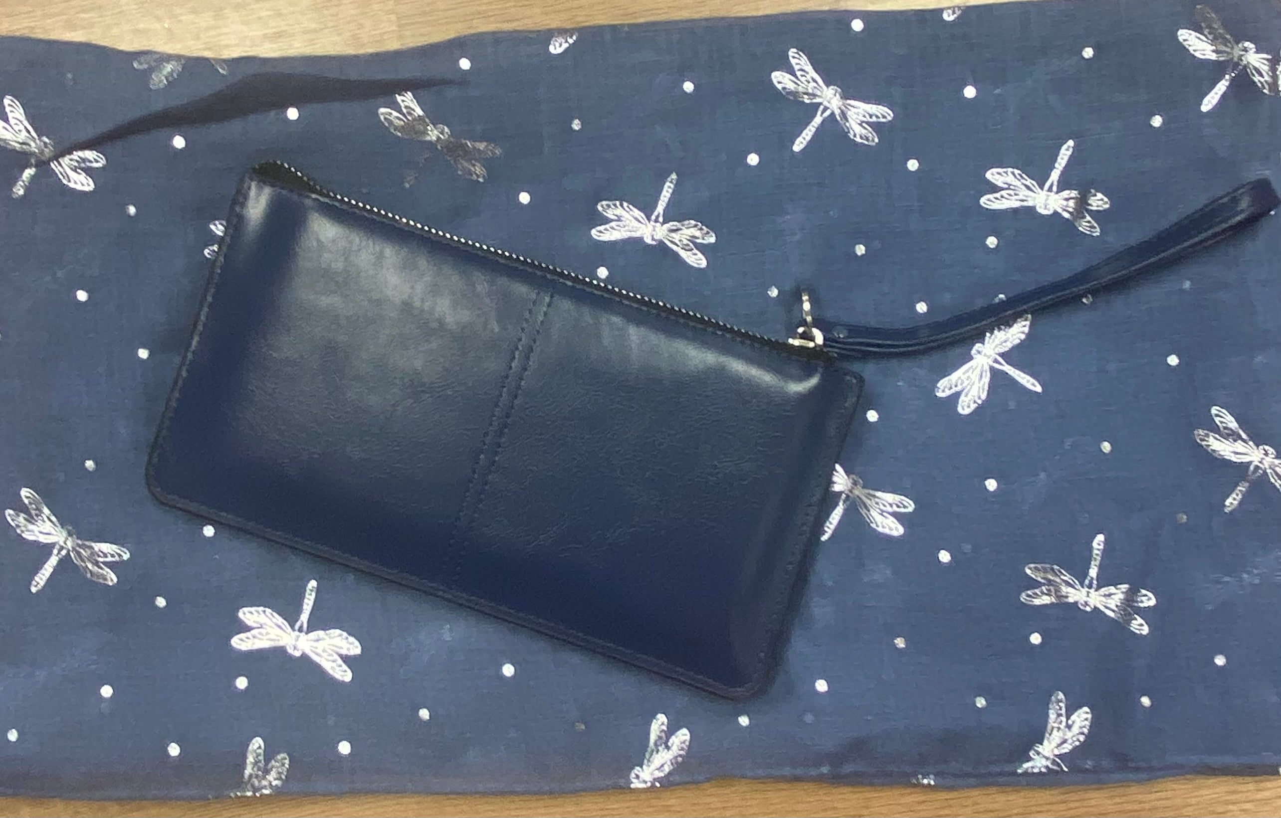 Navy Blue Bracelet Purse and Blue Silver Foil Dragonfly Scarf Gift Set