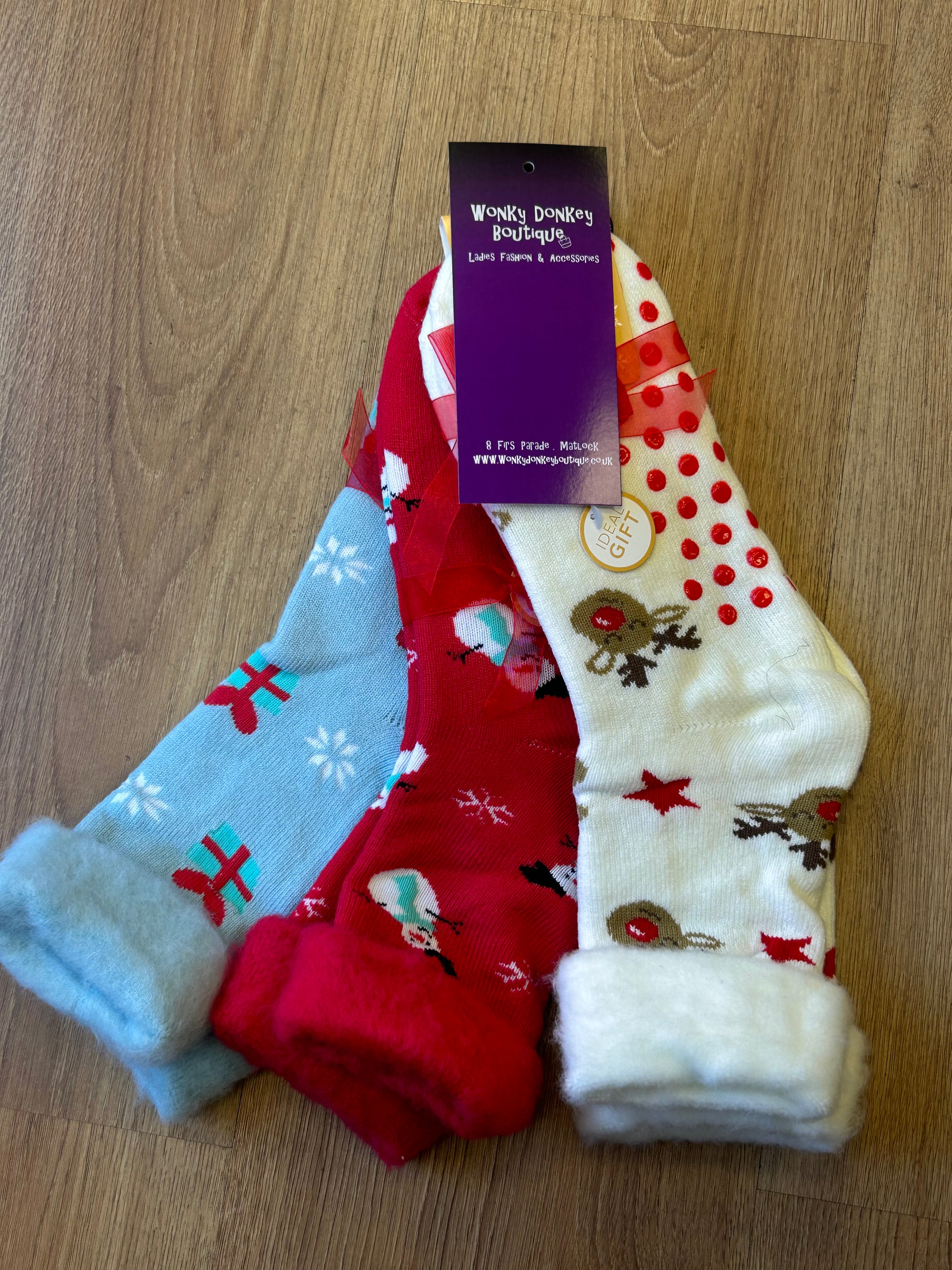 3 Pairs of Christmas Cosy Brushed Bed Socks with Grippers