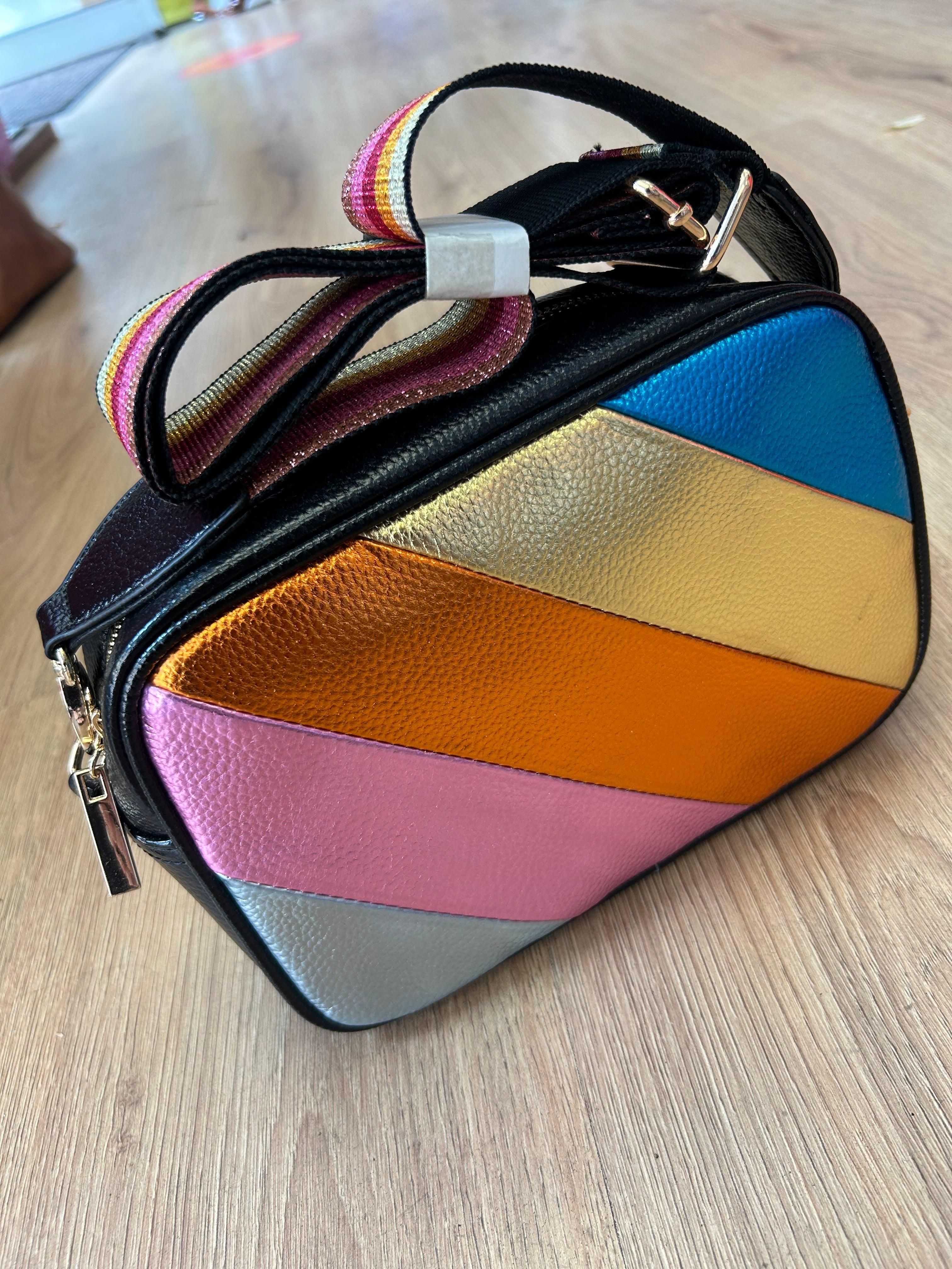 Metallic Striped Camera Style Crossbody Bag with Matching Rainbow Strap