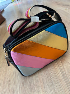 Metallic Striped Camera Style Crossbody Bag with Matching Rainbow Strap