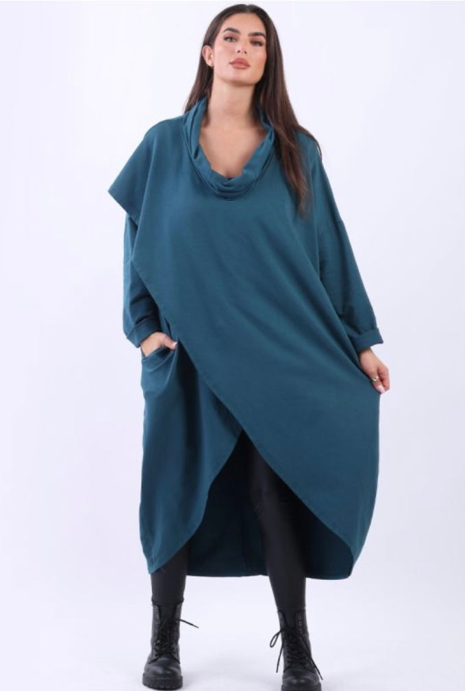 Cowl Neck Crossover Effect Cotton Dress
