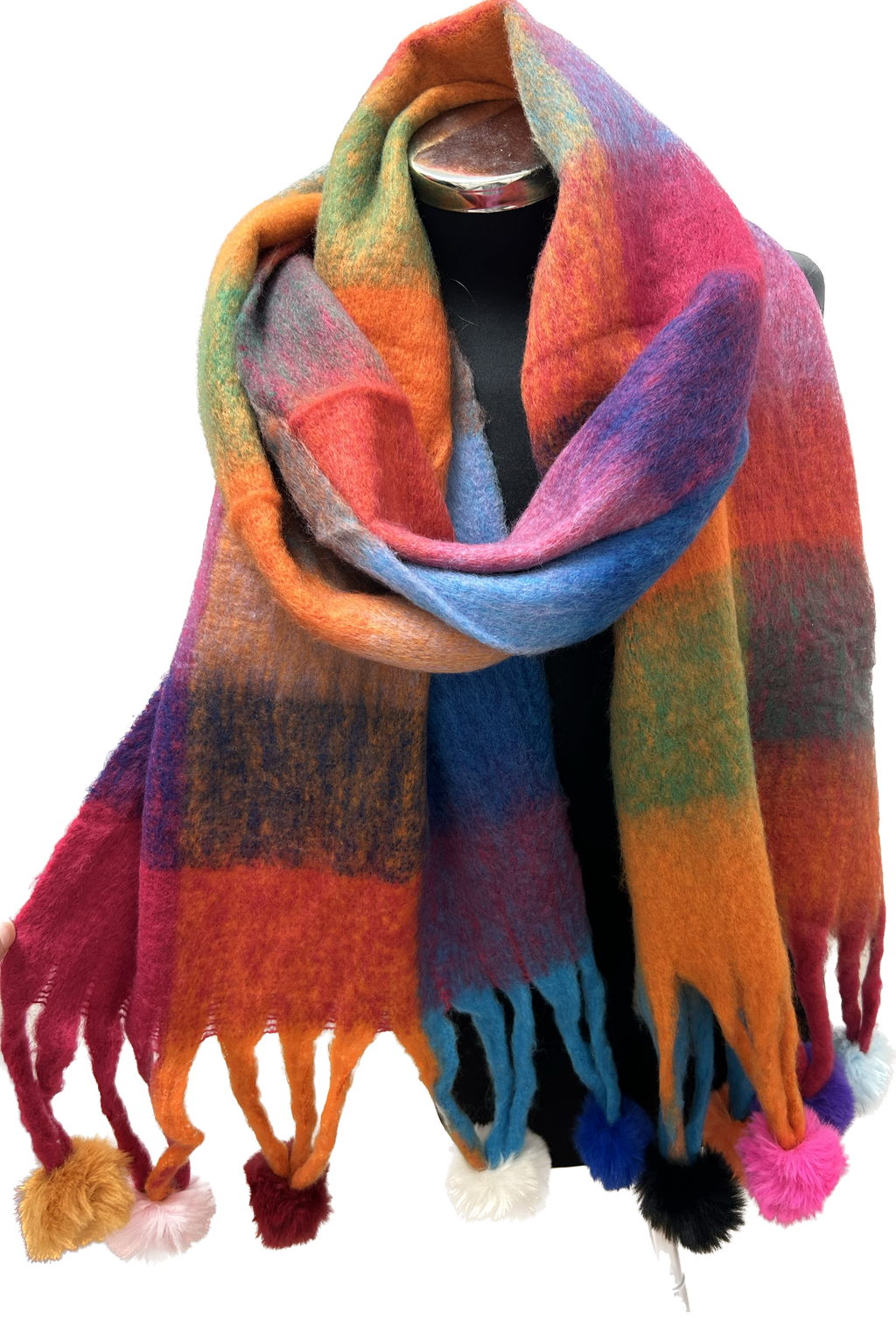 Bold Check Chunky Scarf with Pom Poms