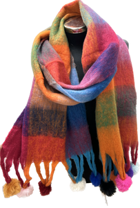Bold Check Chunky Scarf with Pom Poms