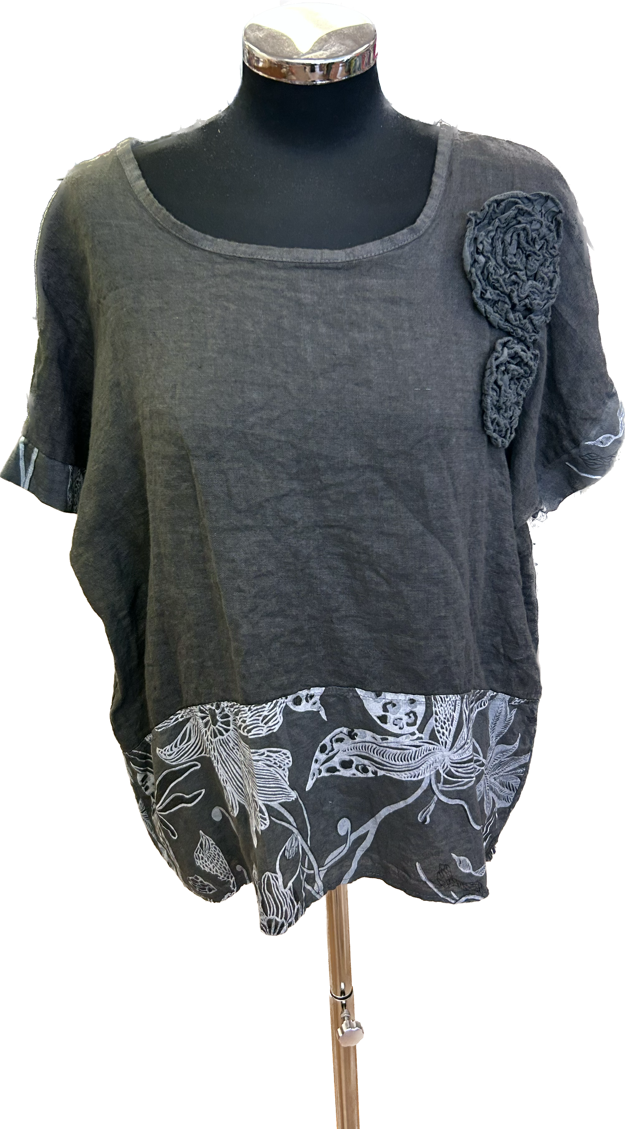 Grey Linen Top with Flower Detail (12-16)