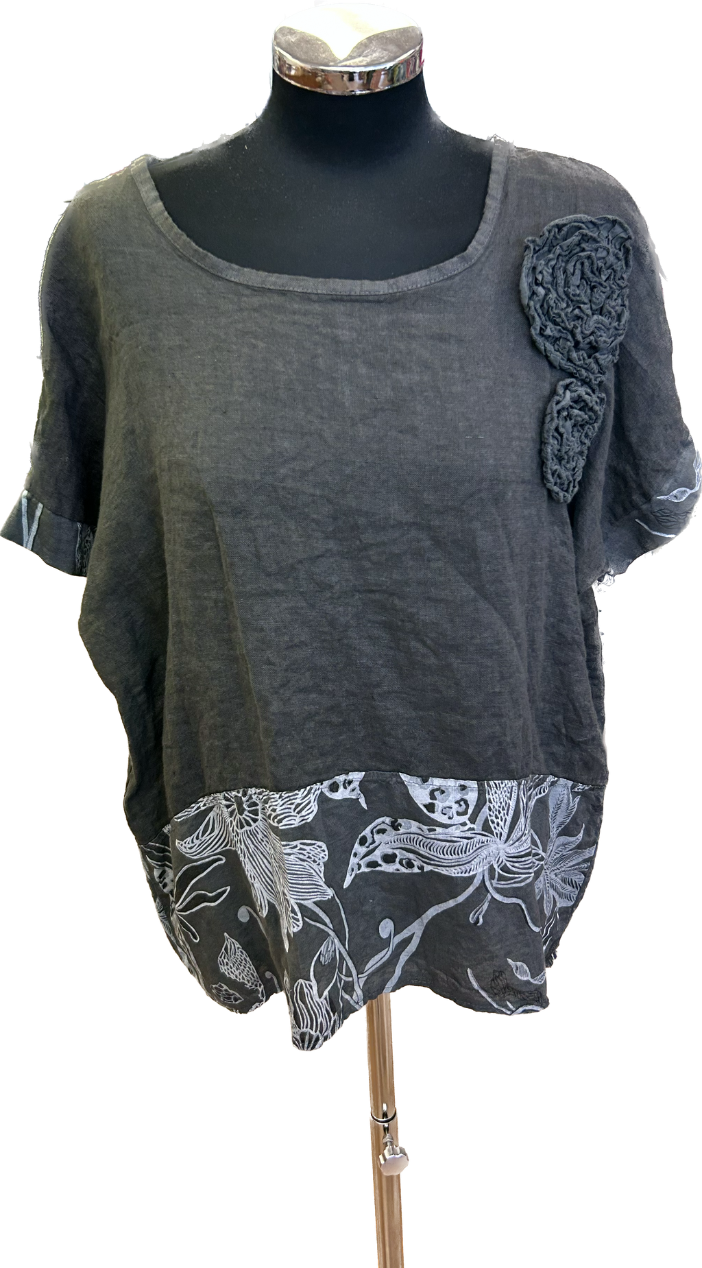 Grey Linen Top with Flower Detail (12-16)