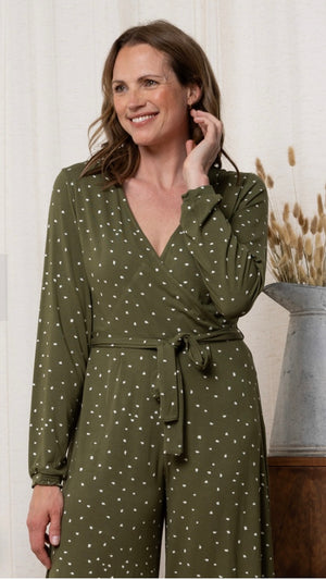 Riley Ditsy Print Wide Leg Jumpsuit - Olive Green