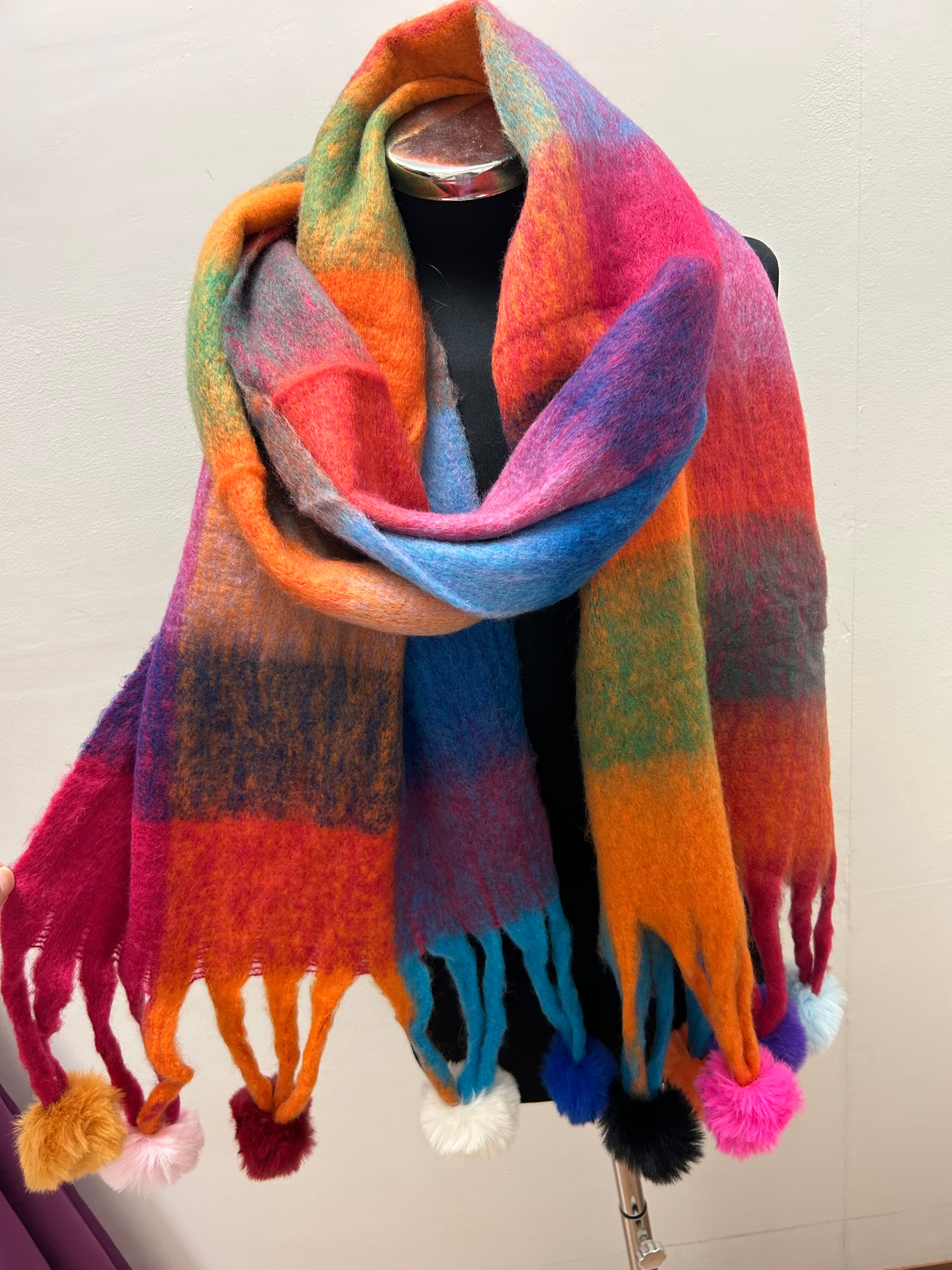 Bold Check Chunky Scarf with Pom Poms