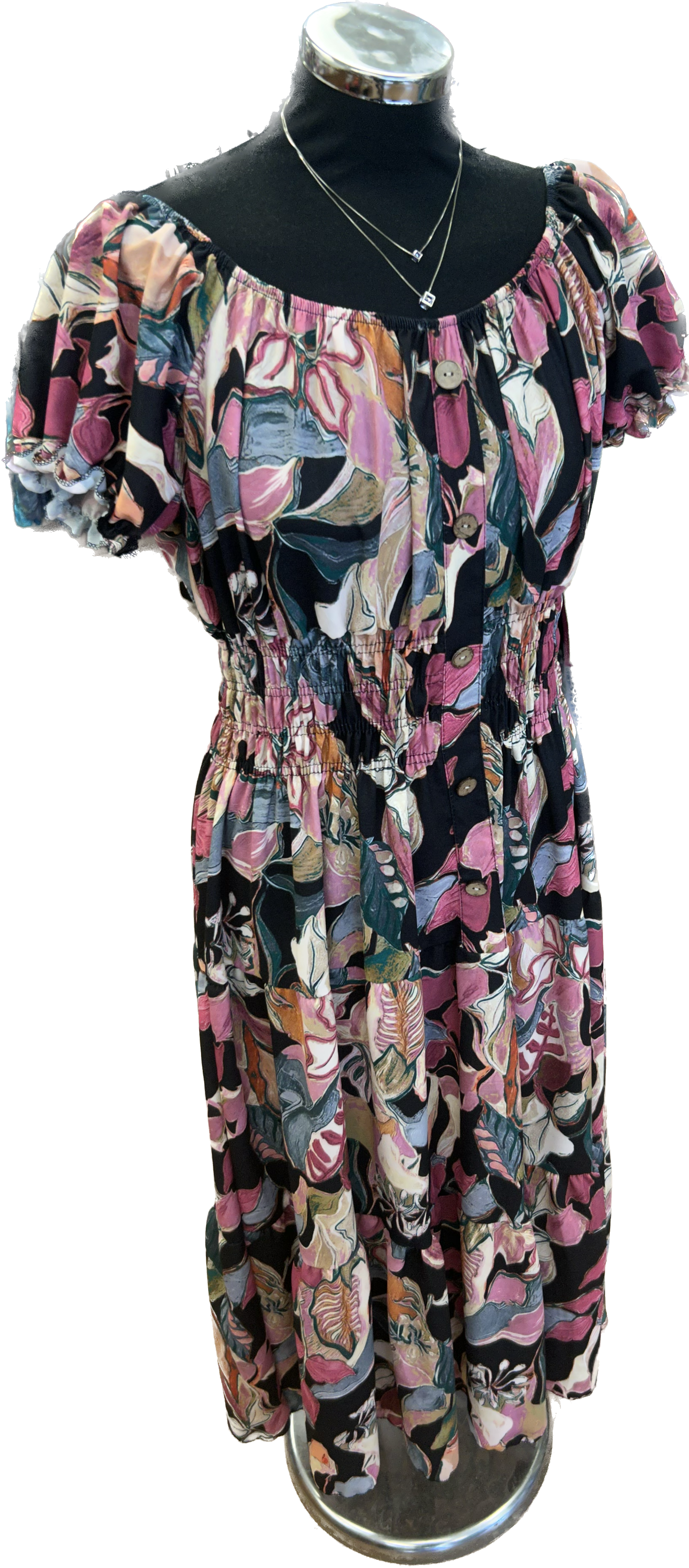 Abstract Floral Maxi Dress with Shirred Detail (12-18)