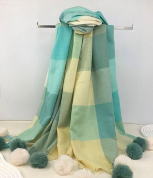 Super Soft Check Multi Colour Pom Pom Scarf