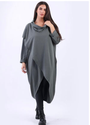 Cowl Neck Crossover Effect Cotton Dress