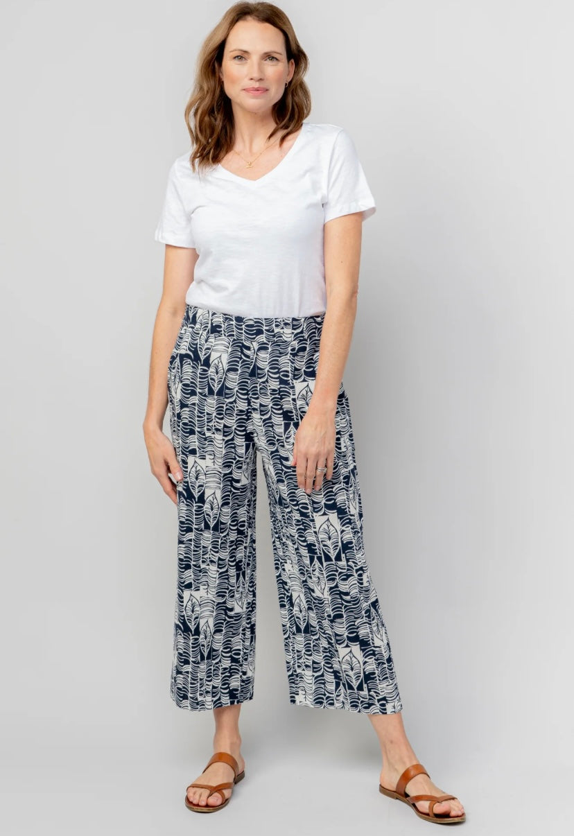 Greta Navy Linen Blend Wide Leg Cropped Trousers - Birch Print