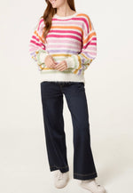 Crew Neck Multi Colour Striped Knit Jumper