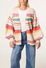 Balloon Sleeve Stripe Knit Cardigan