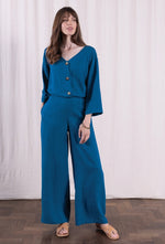 Linen Blend Wide Leg Trouser - Neptune