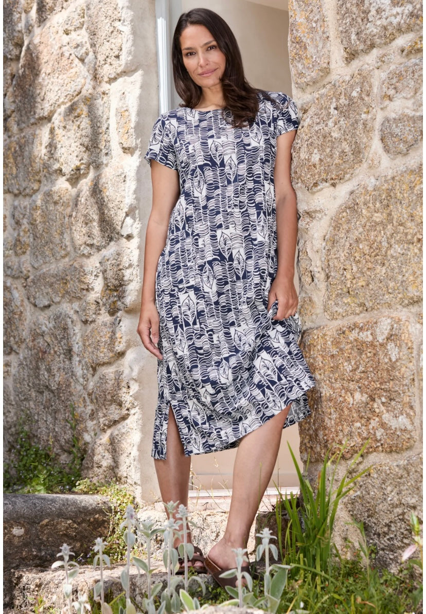 Summer Breeze Navy Linen Blend Midi Dress - Birch Print