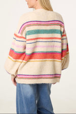 Balloon Sleeve Stripe Knit Cardigan