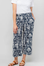 Greta Navy Linen Blend Wide Leg Cropped Trousers - Birch Print