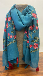 Large Embroidered Scarf with Tassels