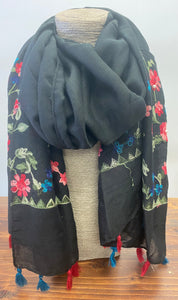 Large Embroidered Scarf with Tassels
