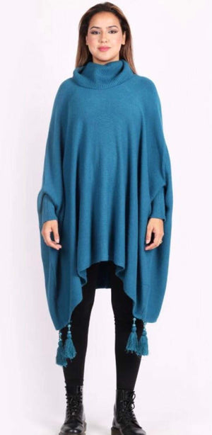 Oversized Cowl Neck Poncho Jumper with Tassels