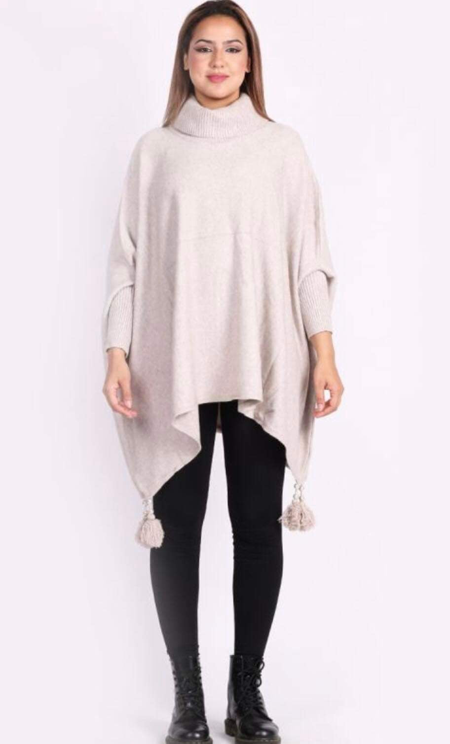 Oversized Cowl Neck Poncho Jumper with Tassels