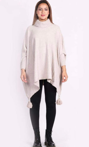 Oversized Cowl Neck Poncho Jumper with Tassels