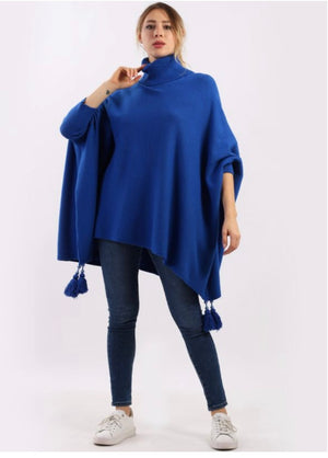 Oversized Cowl Neck Poncho Jumper with Tassels