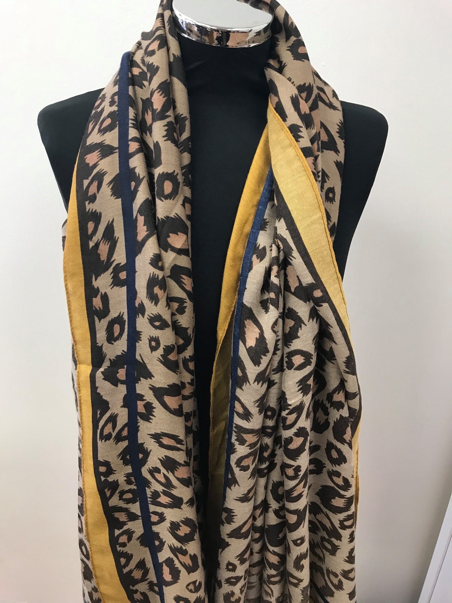 Large Leopard Print Scarf with Mustard Border
