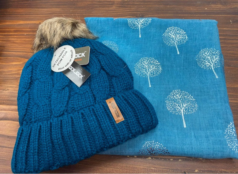 Teal Pom Pom Hat & Tree of Life Scarf Set