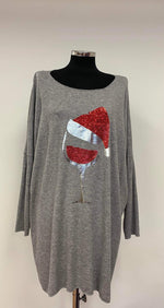 Plus Size Fine Knit Longline Christmas Top with Santa Hat Glass Design (16-22)