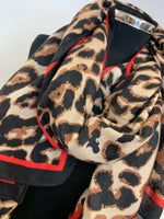 Large Leopard Print Scarf with Black & Red Border