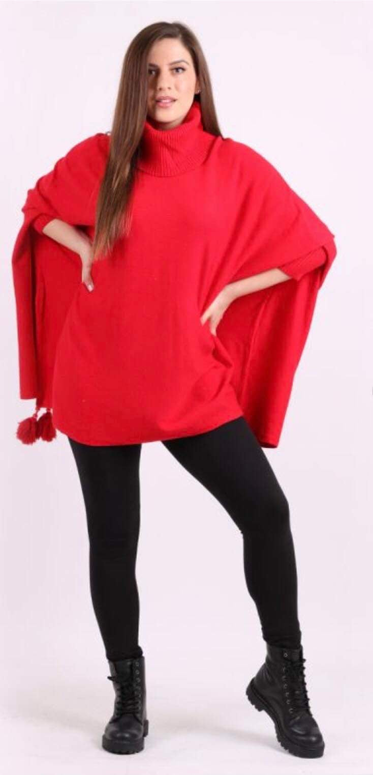 Oversized Cowl Neck Poncho Jumper with Tassels