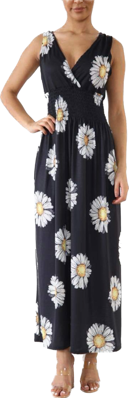 Black Bold Daisy Design Shirred Sleeveless Dress (10-16/18)